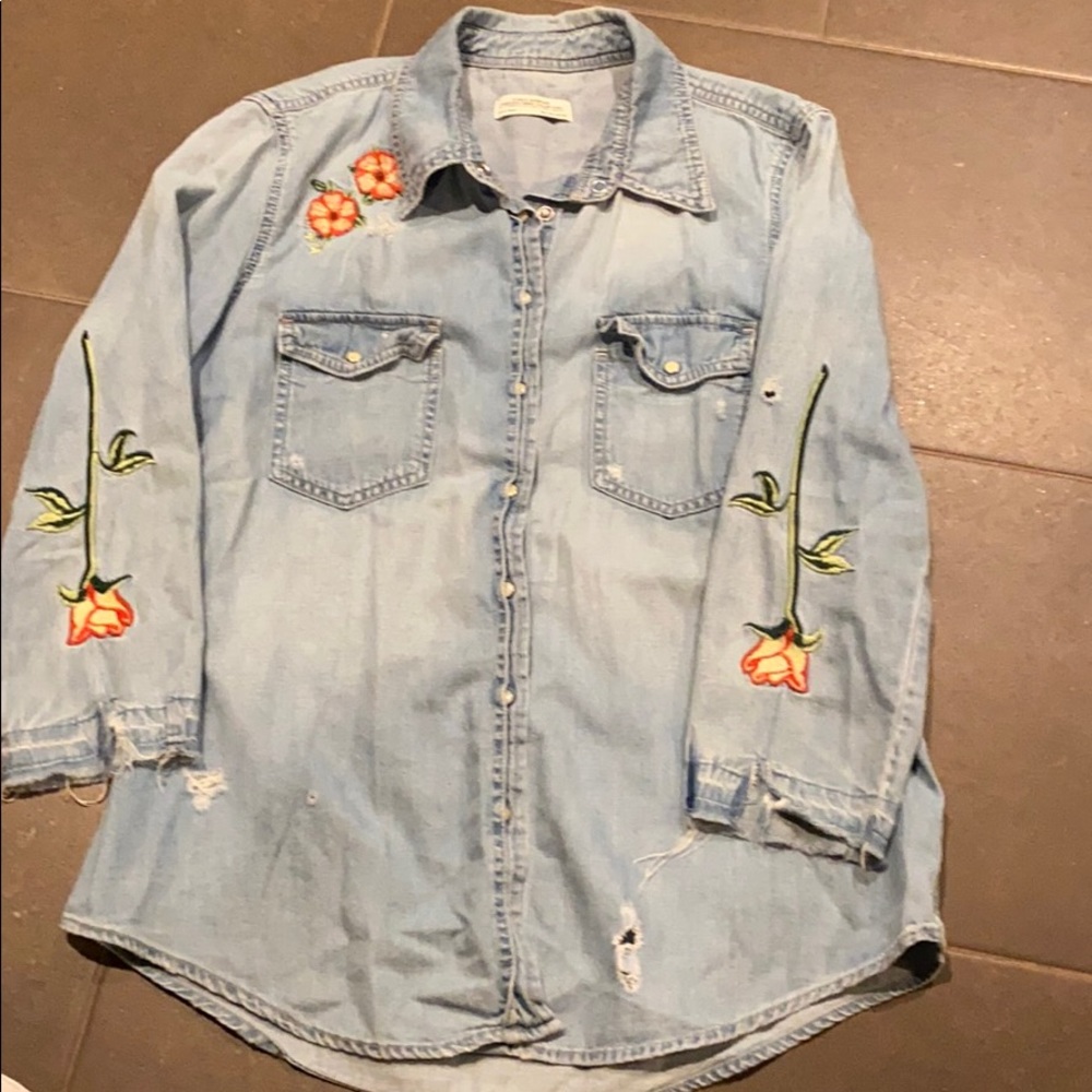Button up denim shirt with embroidery detail